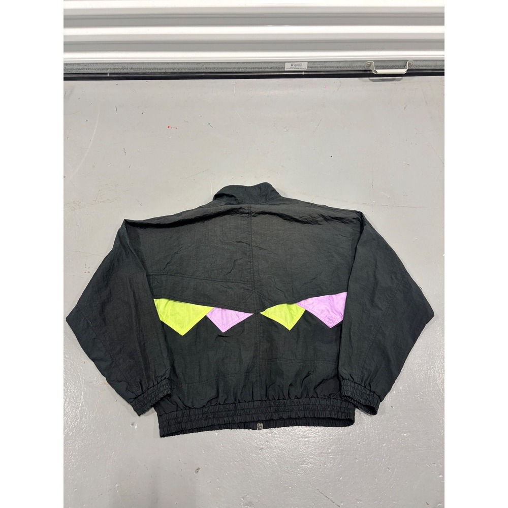 Vintage Puma Windbreaker Jacket Black Neon Green Purple‎ Geometric Women Medium - Picture 7 of 7